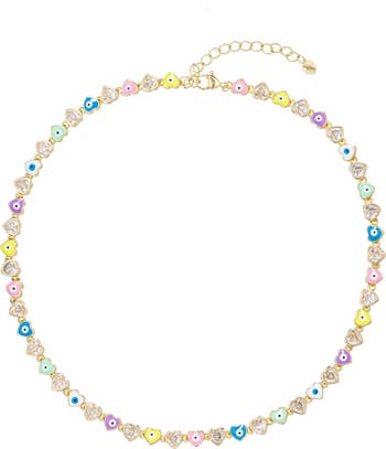 Pastel Rainbow Evil Eye & Crystal Heart Necklace