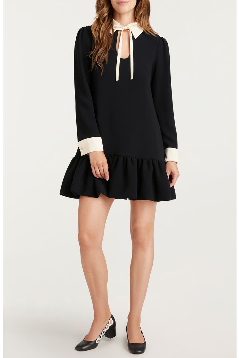 Cala Tie Neck Long Sleeve Shift Dress, Main, color, BLACK/ IVORY