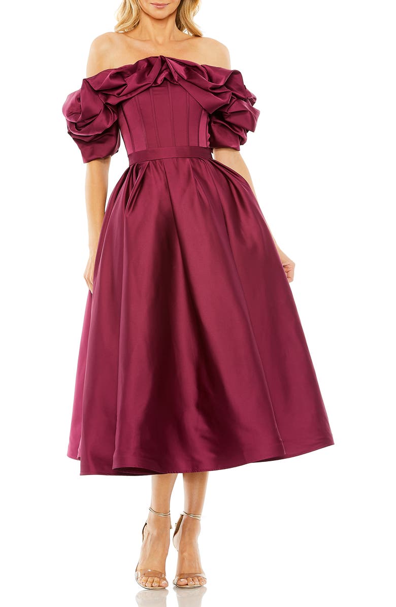Mac Duggal Off The Shoulder Tea Length Gown, Main, color, Plum