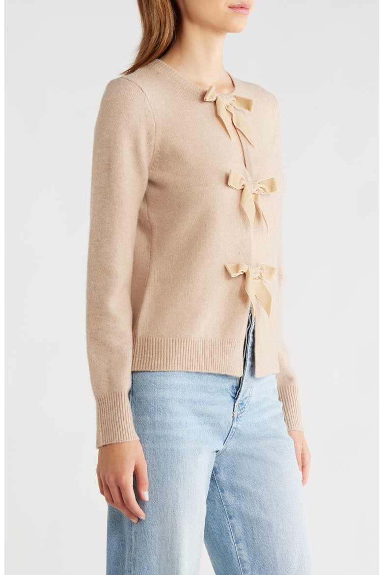 Kayla Velvet Bow Front Cardigan, Alternate, color, BEIGE