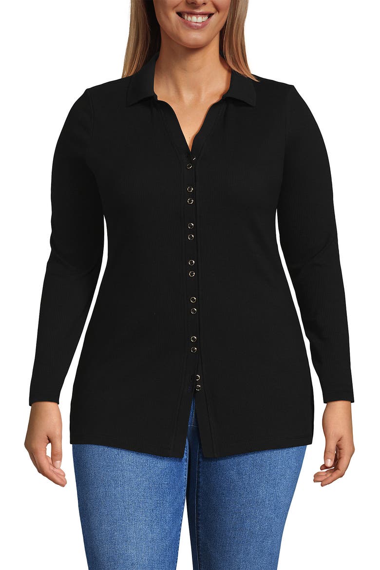 Long Sleeve Polished Rib Button Through Tunic Shirt, Main, color, Black
