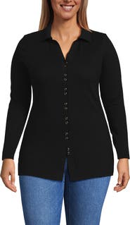 Lands' End Long Sleeve Polished Rib Button Through Tunic Shirt