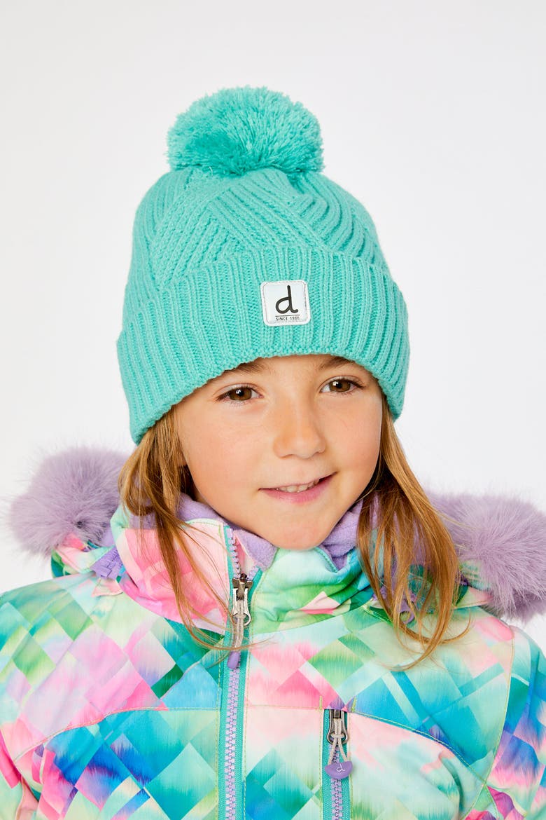 Winter Chevron Fleece-Lined Pompom Knit Hat, Alternate, color, Turquoise Blue