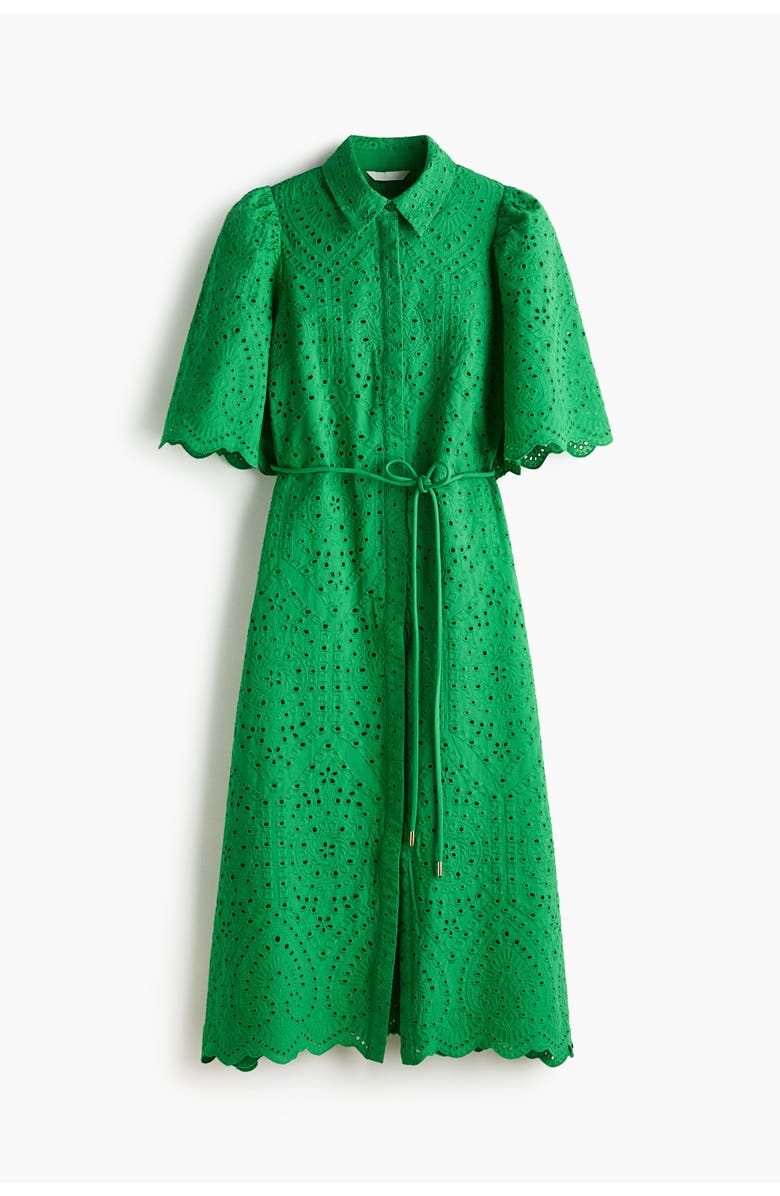H&M Broderie-anglaise Cotton Shirt Dress, Main, color, Green