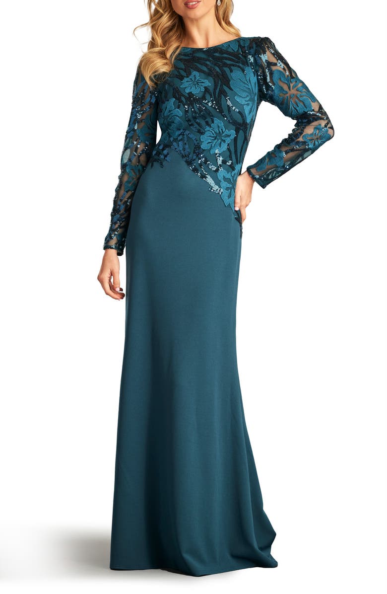 Tadashi Shoji Sequin Floral Jacquard Long Sleeve Gown, Main, color, 