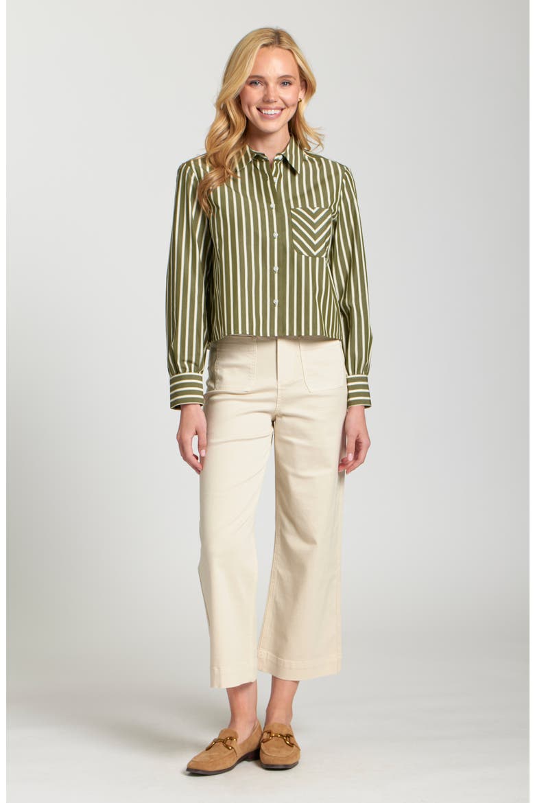 Stripe Cotton Blend Crop Button-Up Shirt, Alternate, color, OLIVE/OFF-WHITE