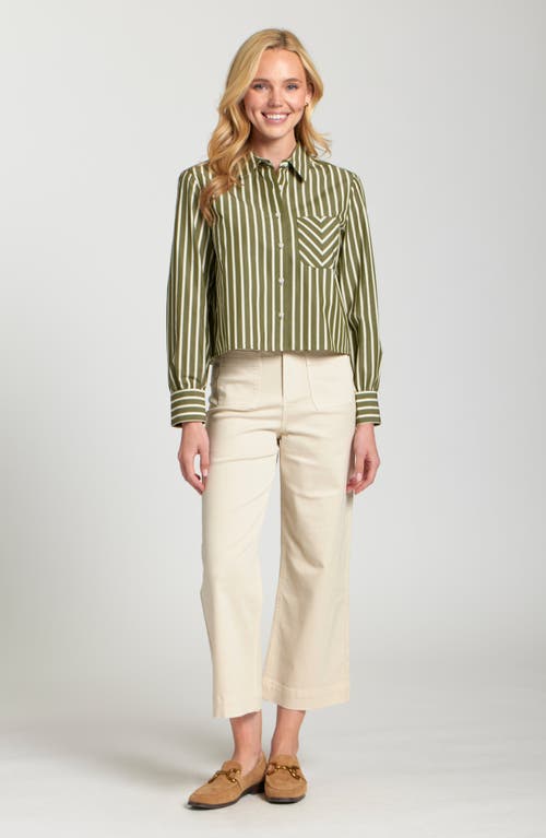 Apny Stripe Cotton Blend Crop Button-up Shirt In Green