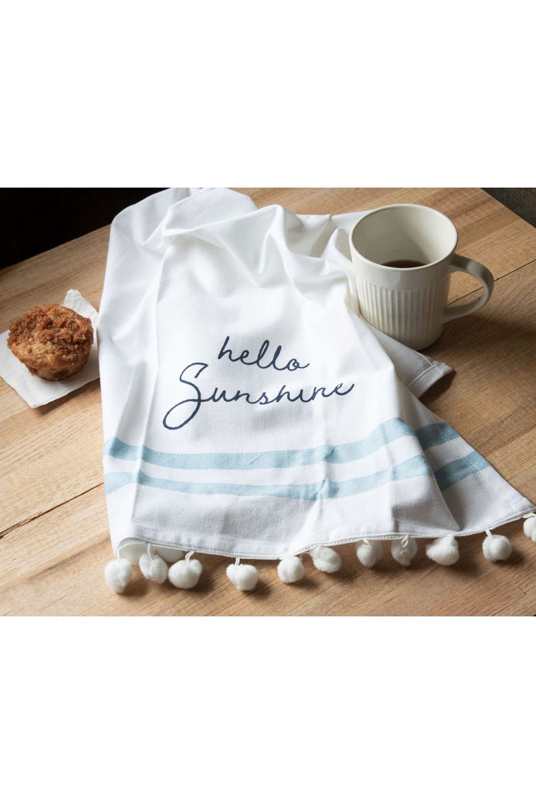 "Hello Sunshine" Handsewn Pom Poms Kitchen Dishtowel, Alternate, color, White