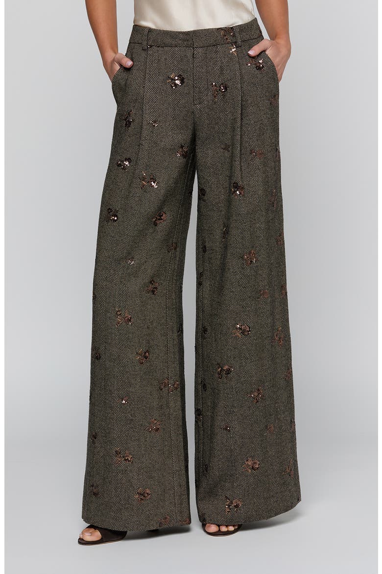 Allanah Mid Rise Wide Leg Herringbone Trousers, Main, color, BEIGE/BLACK GOLD FLOWER SEQUIN