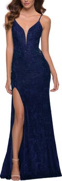 La Femme Chic Long Stretch Lace Gown with Sheer Rhinestone Back