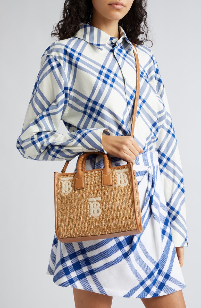 Burberry Mini Freya TB Monogram Raffia Tote, Alternate, color,