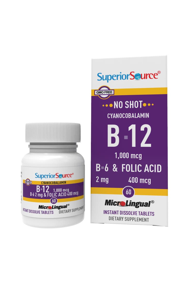 No Shot Vitamin B-12 Cyanocobalamin B-6 Folic Acid Sublingual Dissolving Tablets, Main, color, White