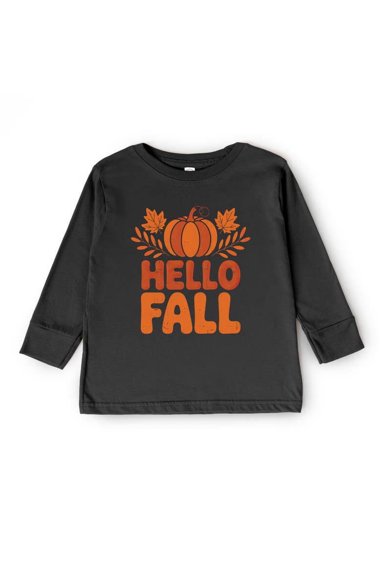 Hello Fall Pumpkin Long Sleeve T-Shirt (Little Kid & Big Kid), Main, color, Black