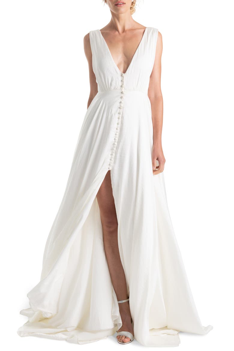 Joplin Slit Front Button-Up V-Neck Wedding Dress, Main, color, WHITE