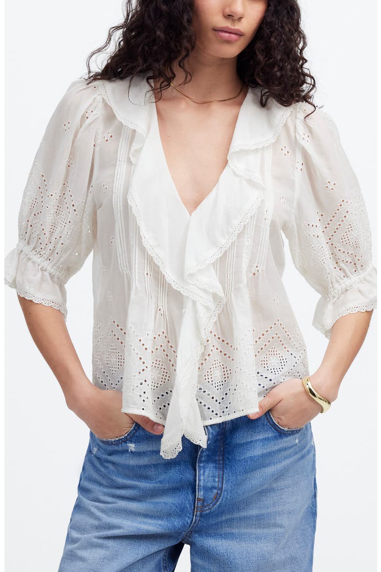 Pintuck Ruffle Puff Sleeve Top, Main, color, WHITE