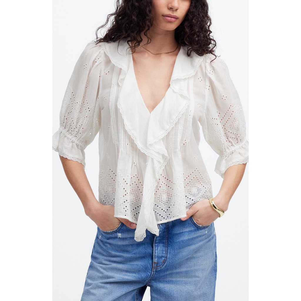 Madewell Pintucked Ruffled Puff-sleeve Top In White