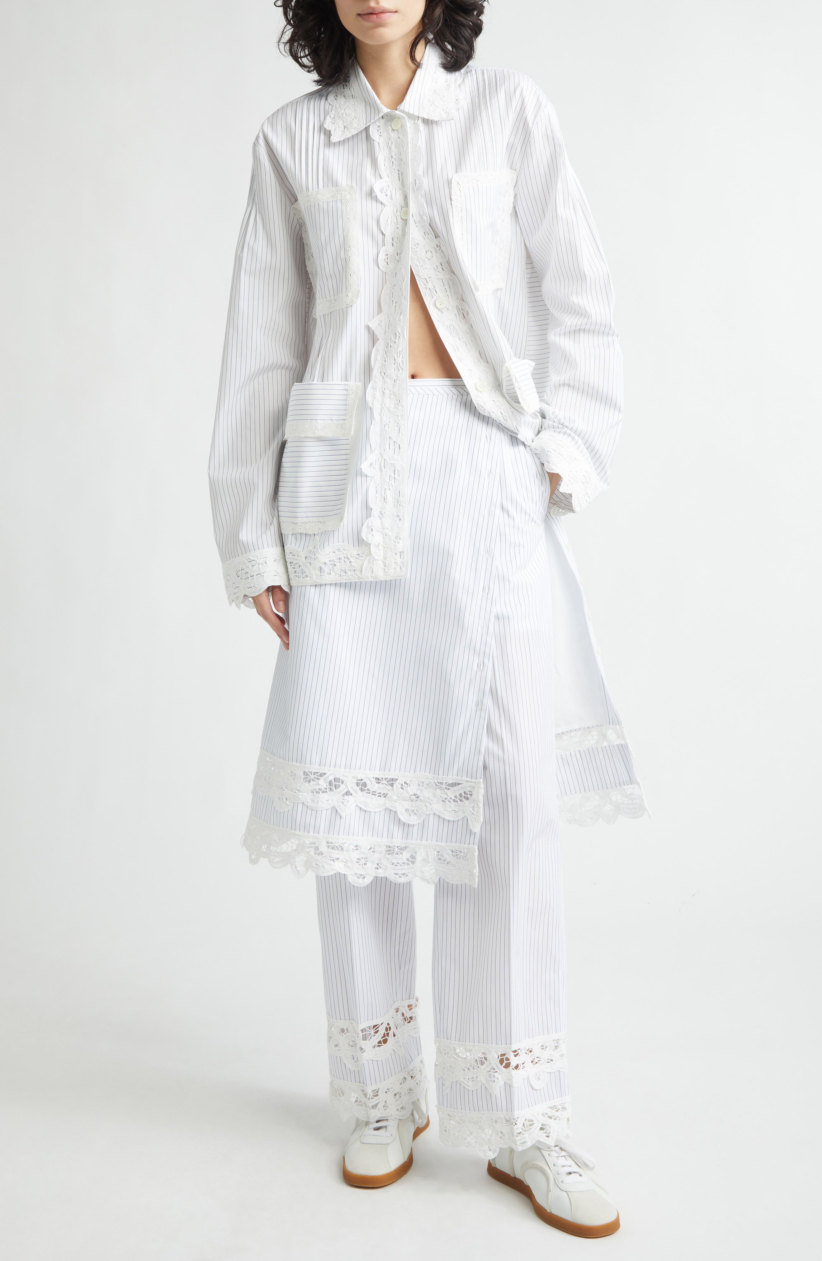 Stripe Lace Trim Cotton Button-Up Shirt - image 2