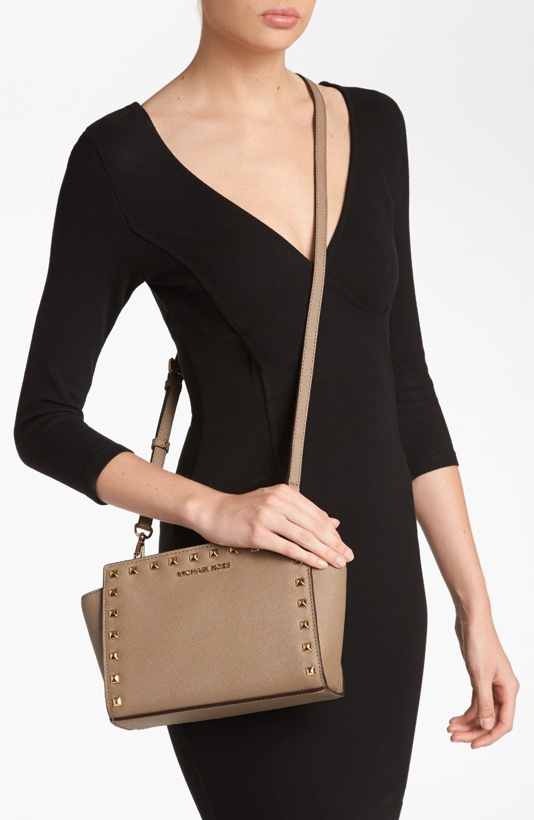 'Selma - Stud' Saffiano Leather Crossbody Bag, Alternate, color, DARK DUNE