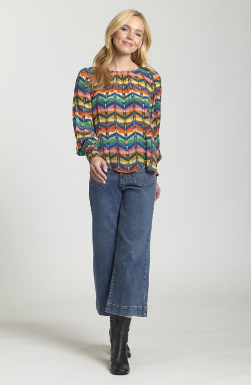 Apny Printed Smocked Cuff Top In Multi