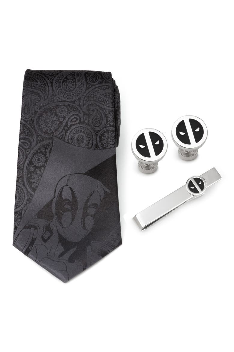Deadpool Silk Tie, Cuff Links & Tie Bar Set, Main, color, BLACK