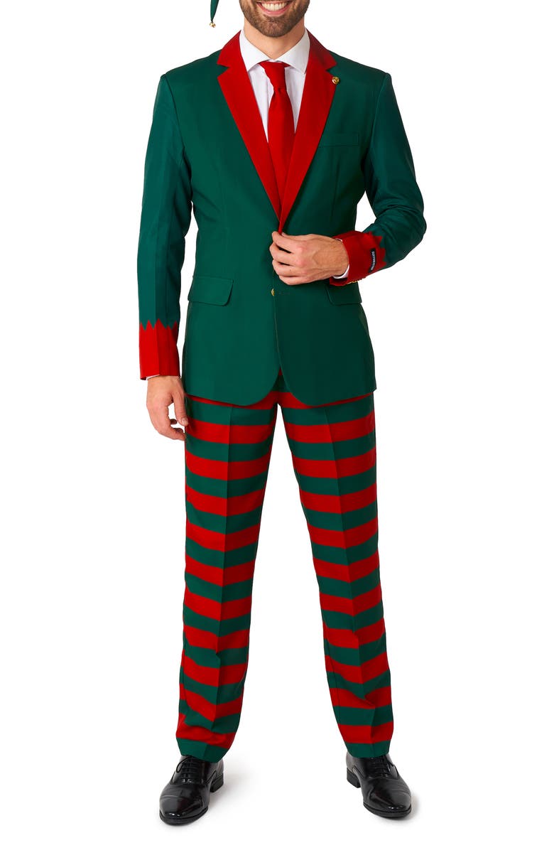 OppoSuits Santa's Elf Trim Fit Suit, Tie & Hat Set, Main, color,