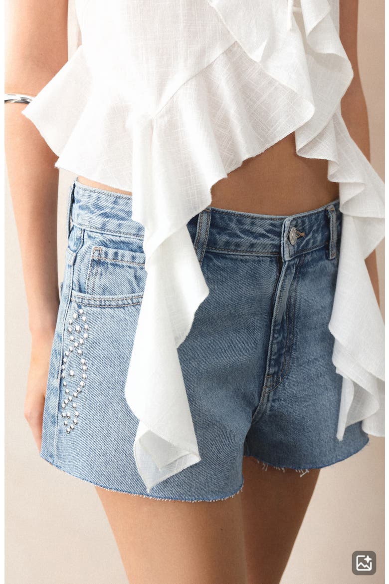 Studded Denim Cutoff Shorts, Alternate, color, MEDIUM BLUE