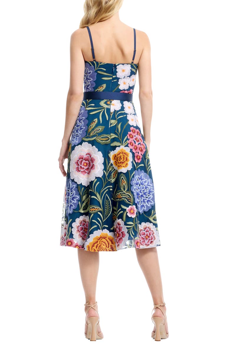 Dress the Population Carlita Belted Floral Embroidered Midi Cocktail Dress, Alternate, color, Navy Multi