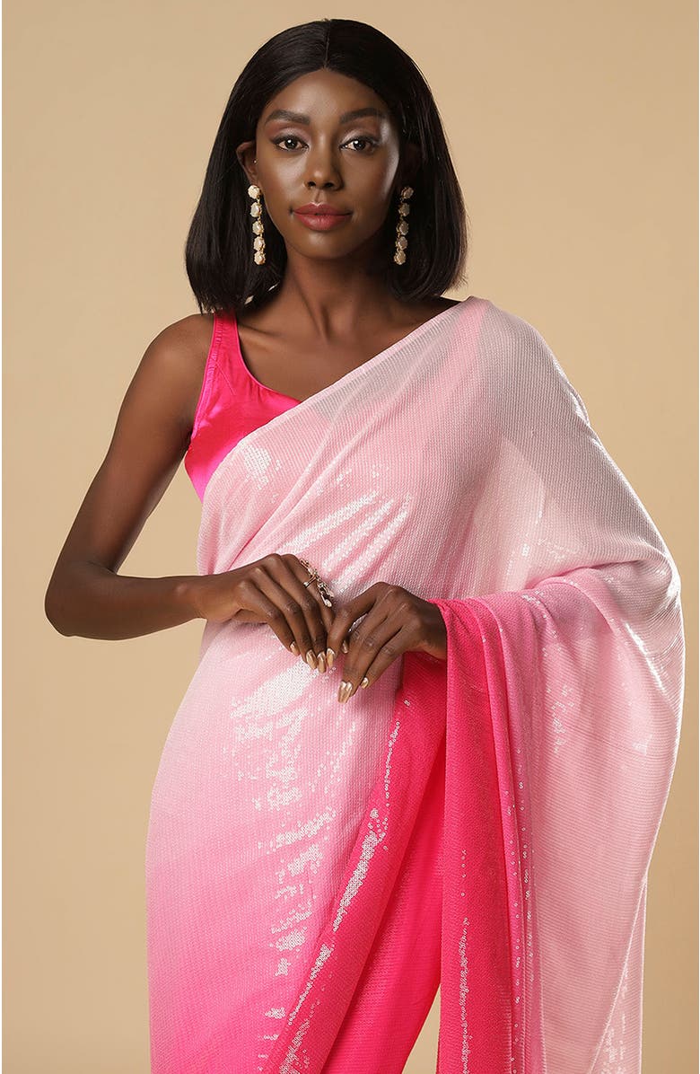 One Minute Saree<sup>®</sup> Kajol White & Pink Ombre Sequins Pre-Draped Ready to Wear Sari, Alternate, color, 