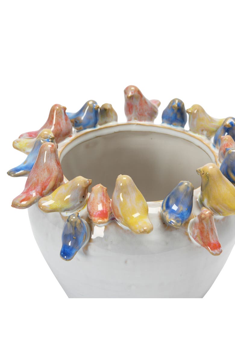 Storied Home Decorative Stoneware Planter with Birds on Rim and Reactive Glaze, Multicolor, Alternate, color, Cream