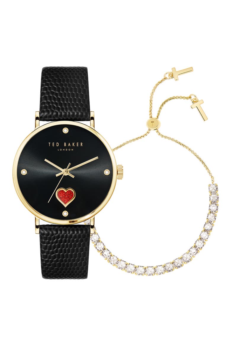Phylipa Leather Strap Watch & Bracelet Set, 34mm, Main, color, YELLOW GOLD/ BLACK/ BLACK