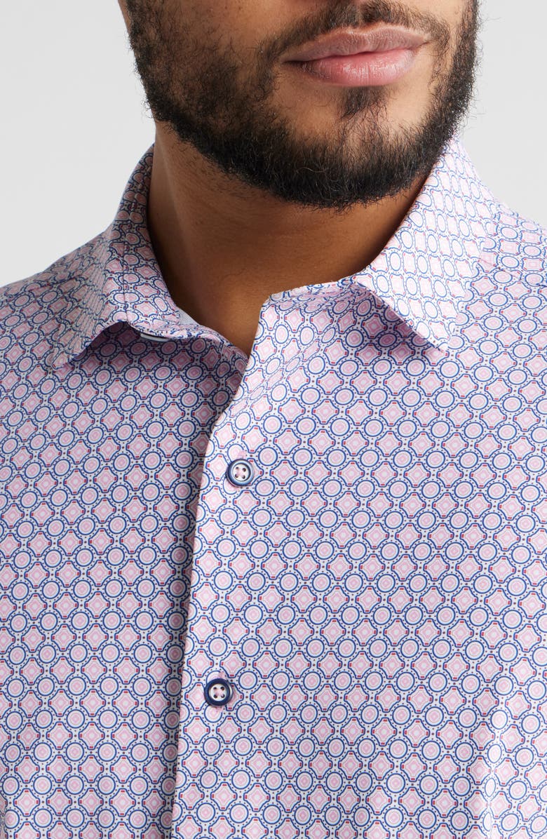 Johnston & Murphy XC+<sup>™</sup> Motion Medallion Print Short-Sleeve Performance Knit Button-Up Shirt, Alternate, color, Pink Medallion