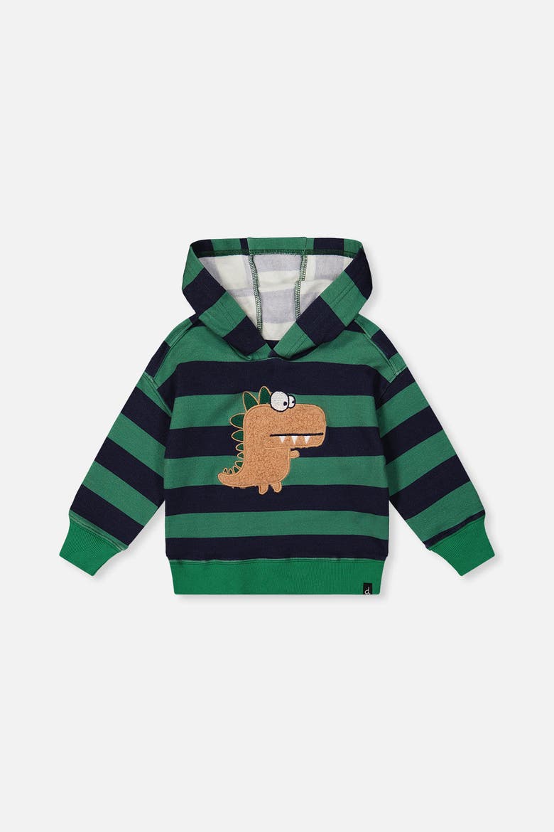 Fleece Dino Applique Striped Hoodie, Main, color, Blue Striped Green