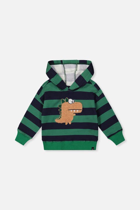 Fleece Dino Applique Striped Hoodie
