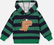 Deux par Deux Fleece Dino Applique Striped Hoodie