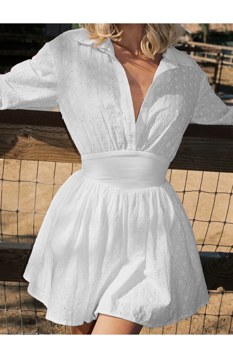 Miss Circle Gabriella Cotton Eyelet Button Up Long Sleeve Shirt Dress, Alternate, color, White