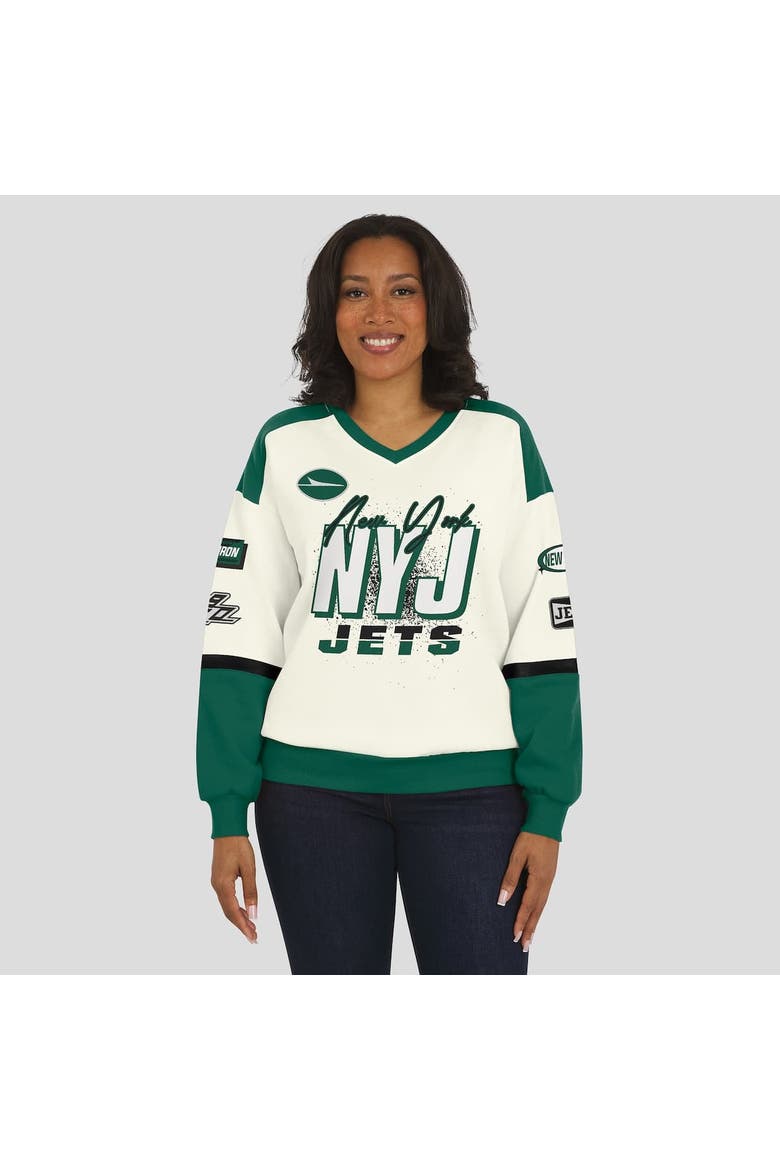 Women's WEAR by Erin Andrews  Cream New York Jets Racing Crew V-Neck Sweatshirt, Alternate, color, Cream