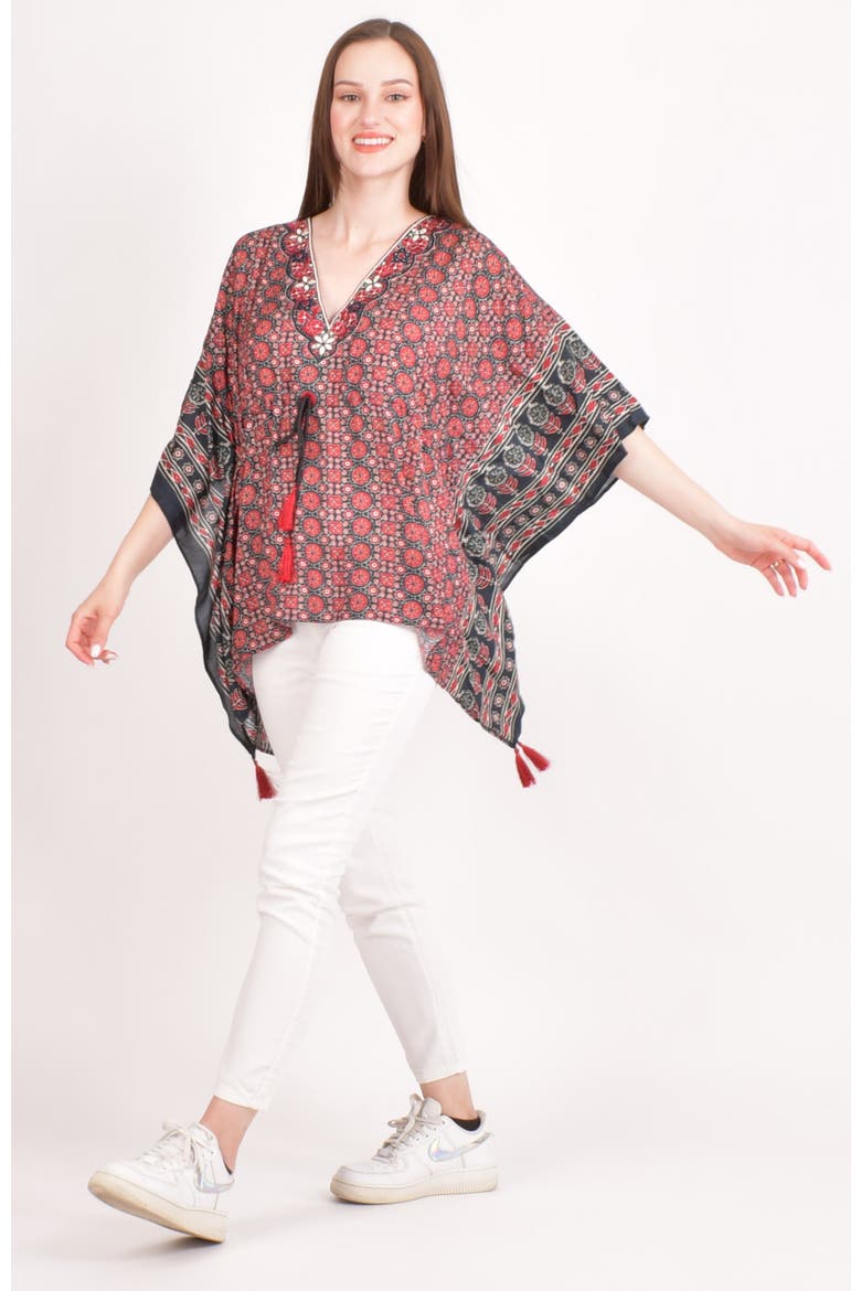 Yana Embroidered Ajrakh Kaftan Top, Alternate, color, Maroon