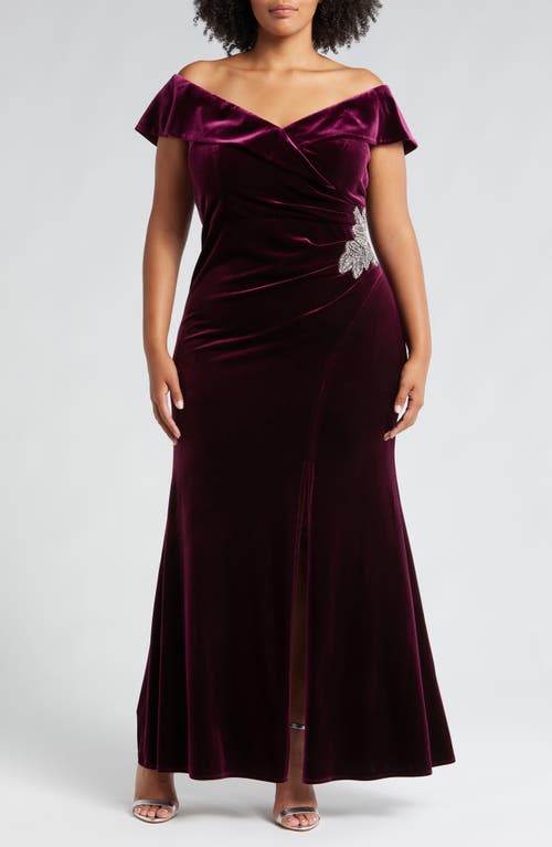 Alex Evenings Off the Shoulder Velvet Gown in Wine 