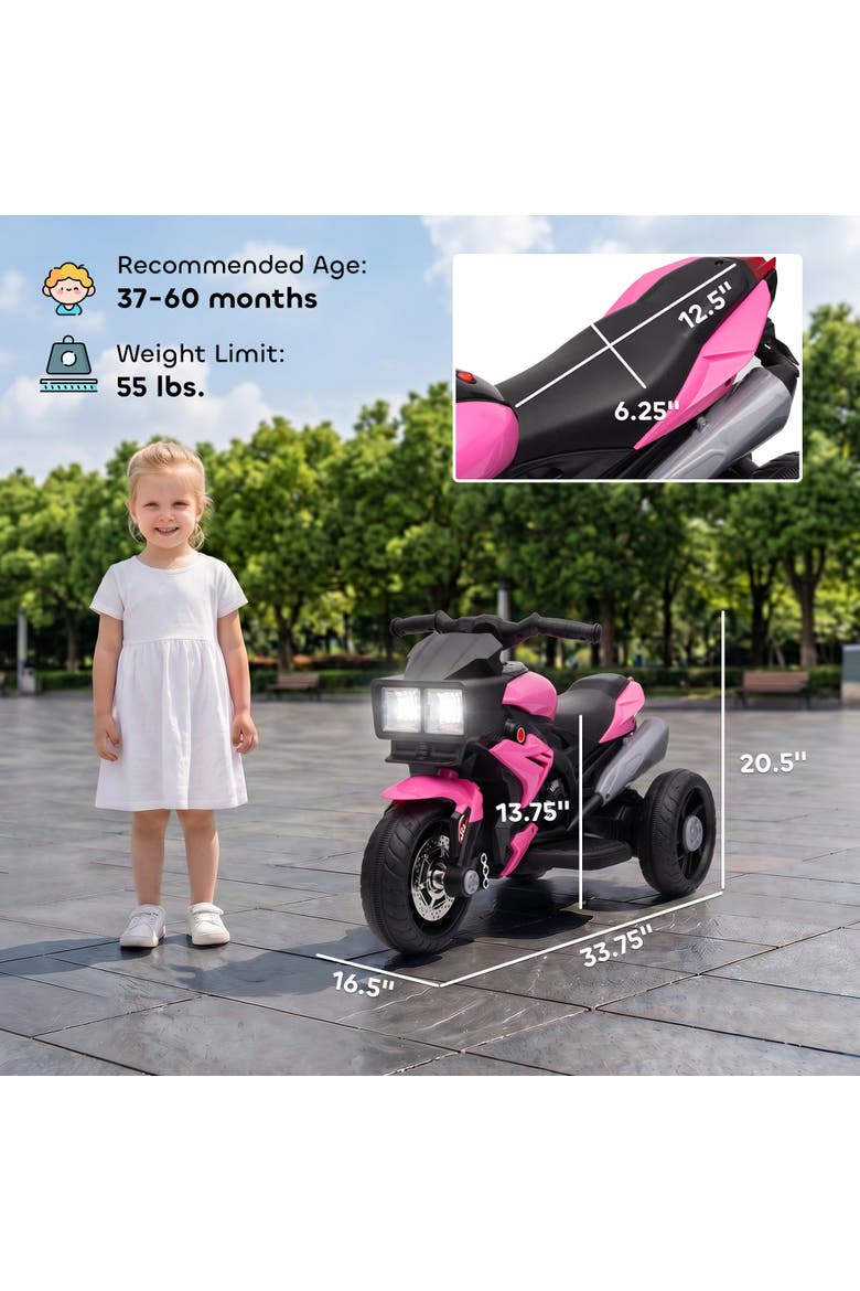 6V Kids Electric Motorcycle, Dirt Bike Style, Music, Horn, Headlights, Alternate, color, Pink