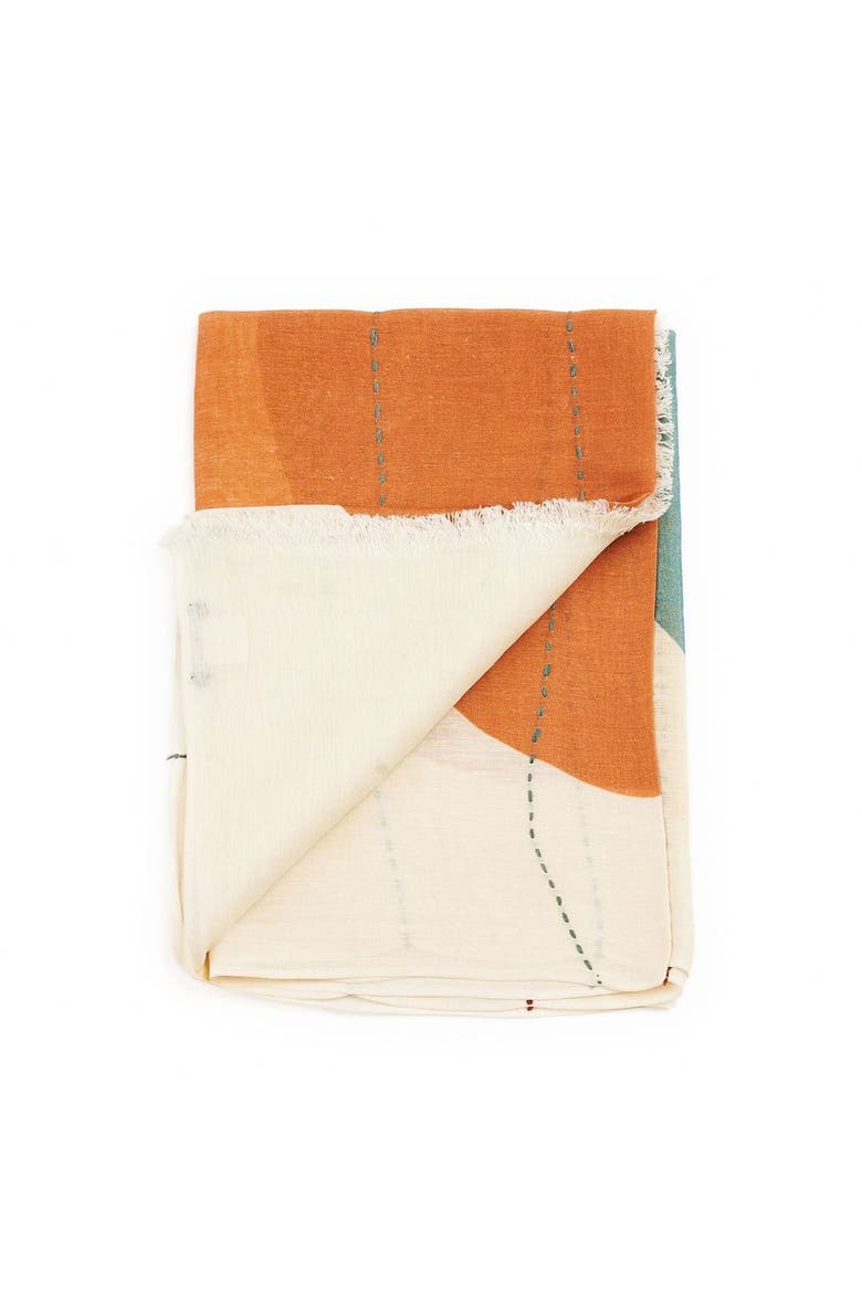 Cirq Sun Yellow Green Circle Pattern Hand Embroidered Linen Silk Handloom Scarf, Main, color, White/Green