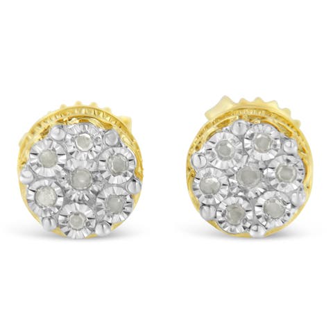 10K Yellow Gold over Silver 1/7 Ctw Diamond Floral Cluster Stud Earrings