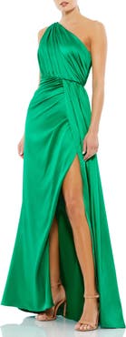 Mac Duggal Gathered One Shoulder Satin Faux Wrap Gown