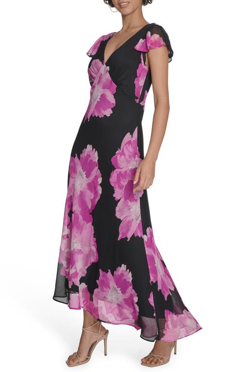 Calvin Klein Floral Flutter Sleeve Chiffon Maxi Dress In Black