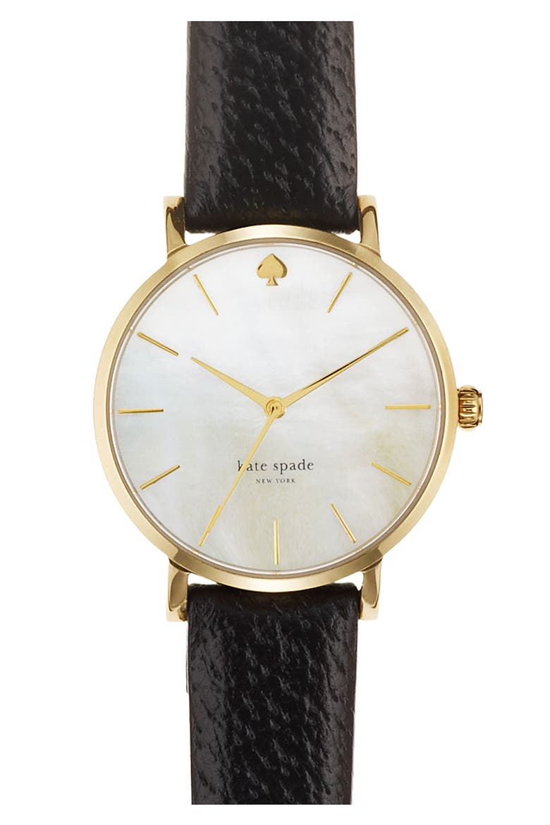 'metro' round leather strap watch, 34mm, Main, color, GOLD/ BLACK