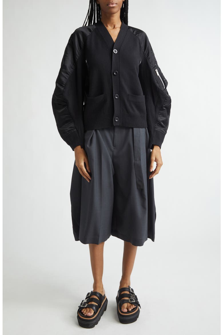 Mixed Media Knit & Nylon Twill Cardigan, Alternate, color, BLACK