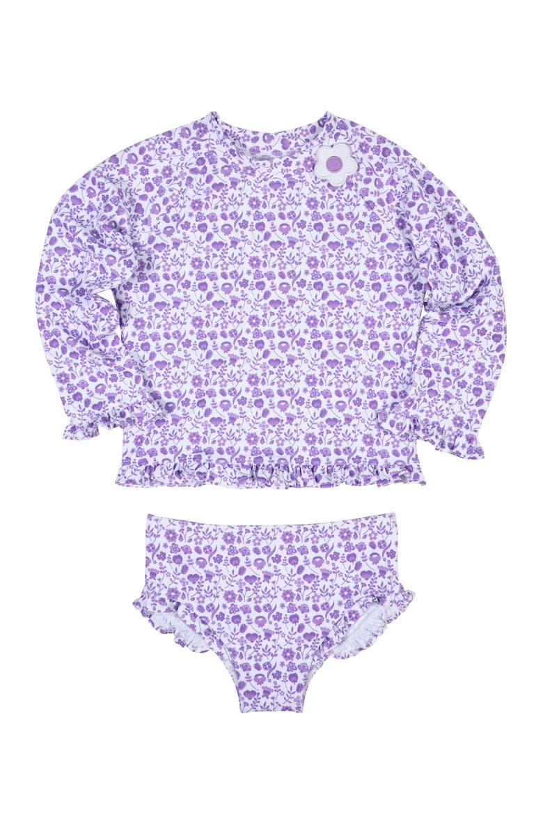 Floral Print Rashguard Swimsuit with Ruffles, Main, color, Purple/White