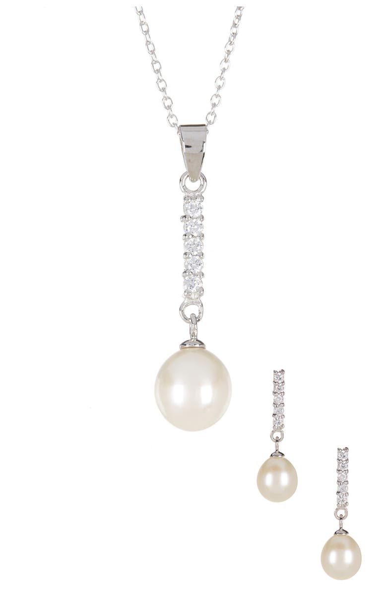 SPLENDID PEARLS Dangling CZ & 8-9mm Pearl Necklace & Earrings Set, Main, color, Natural White