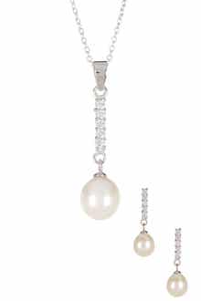 SPLENDID PEARLS Dangling CZ & 8-9mm Pearl Necklace & Earrings Set