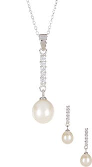 SPLENDID PEARLS Dangling CZ & 8-9mm Pearl Necklace & Earrings Set
