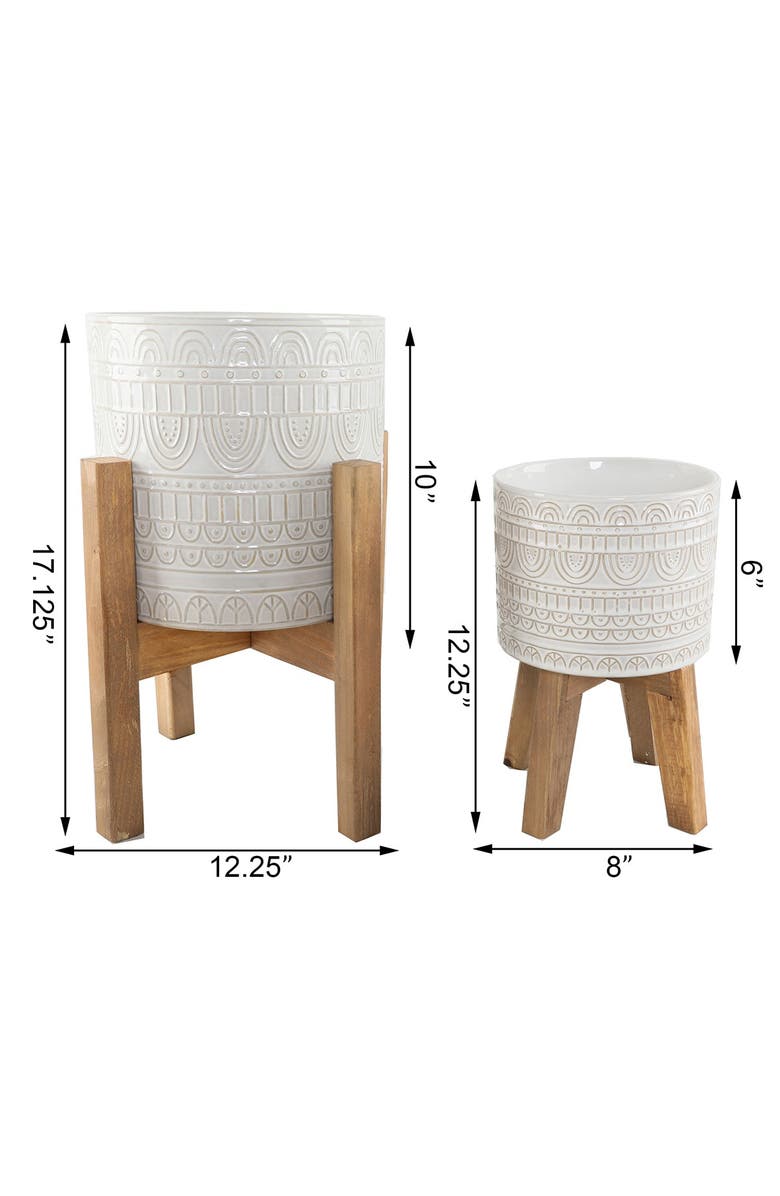 FLORA BUNDA 10" & 8" Aqueduct Ceramic Planter on Wood Stand - Set of 2, Alternate, color,